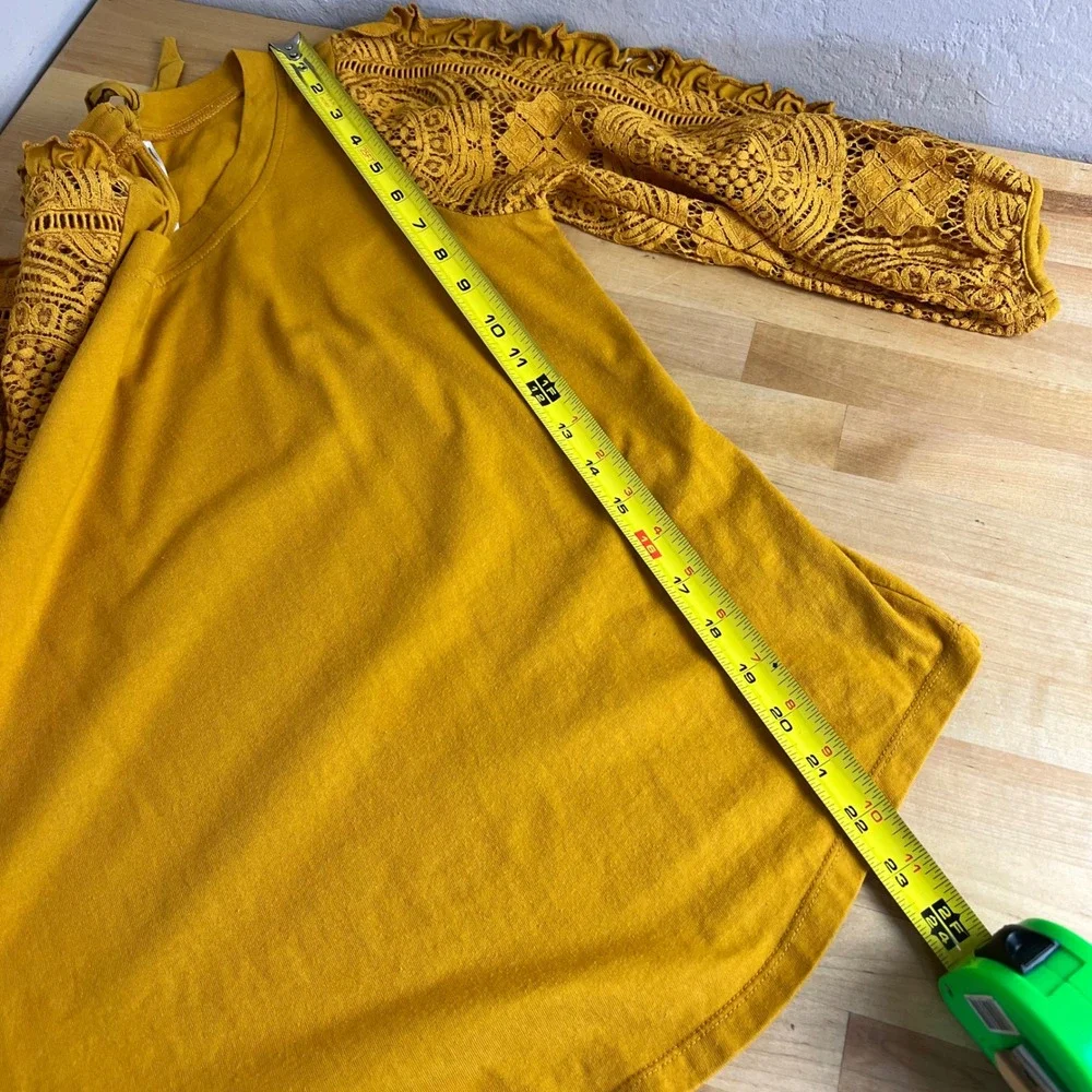 Anthropologie Top Lace Crochet Ruffle Sleeve Size Medium Yellow Tie Back Knit - Picture 10 of 10